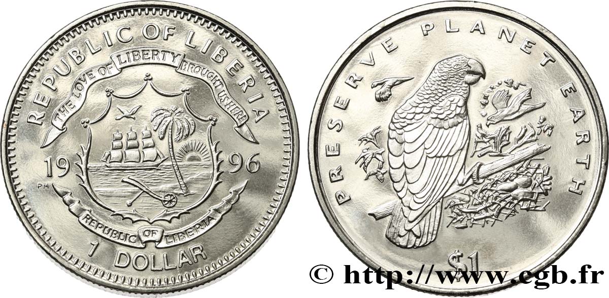 LIBERIA 1 Dollar armes / perroquet gris 1996  fST 