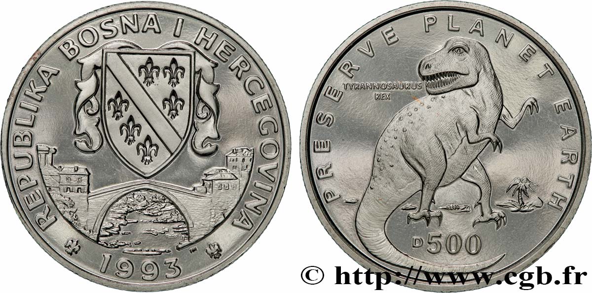 BOSNIE HERZÉGOVINE 500 Dinara Proof Tyrannosaure Rex 1993 Pobjoy Mint SPL 