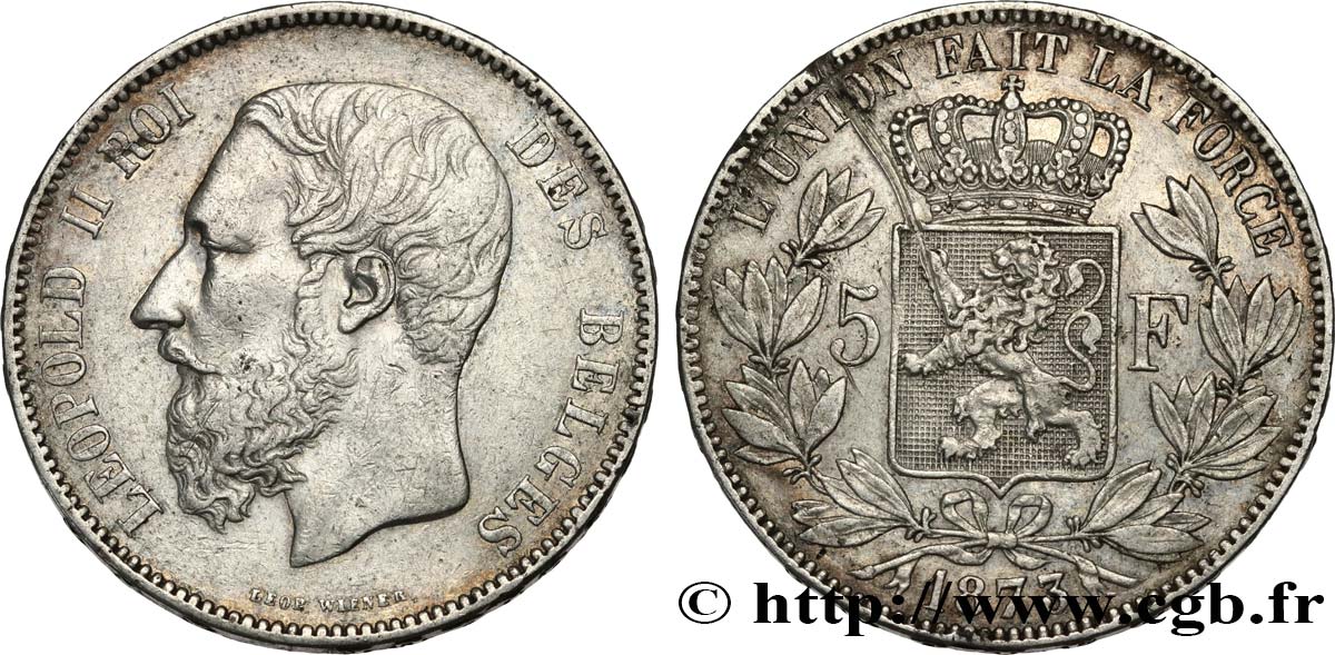 BELGIQUE 5 Francs Léopold II 1873  TB+ 