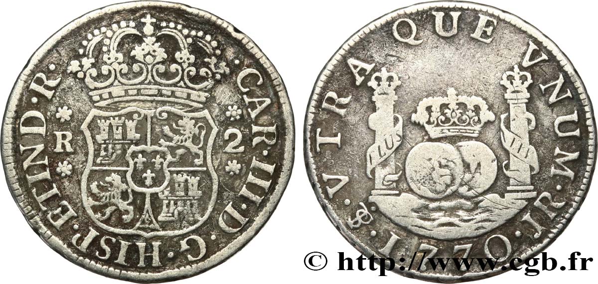 BOLIVIA 2 Reales Charles III d’Espagne JR 1770 Potosi BC+ 