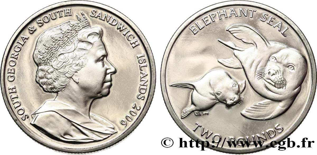 GEORGIA DEL SUD E ISOLE SANDWICH MERIDIONALI 2 Pounds (2 Livres) Proof éléphants de mer 2006 Pobjoy Mint MS 
