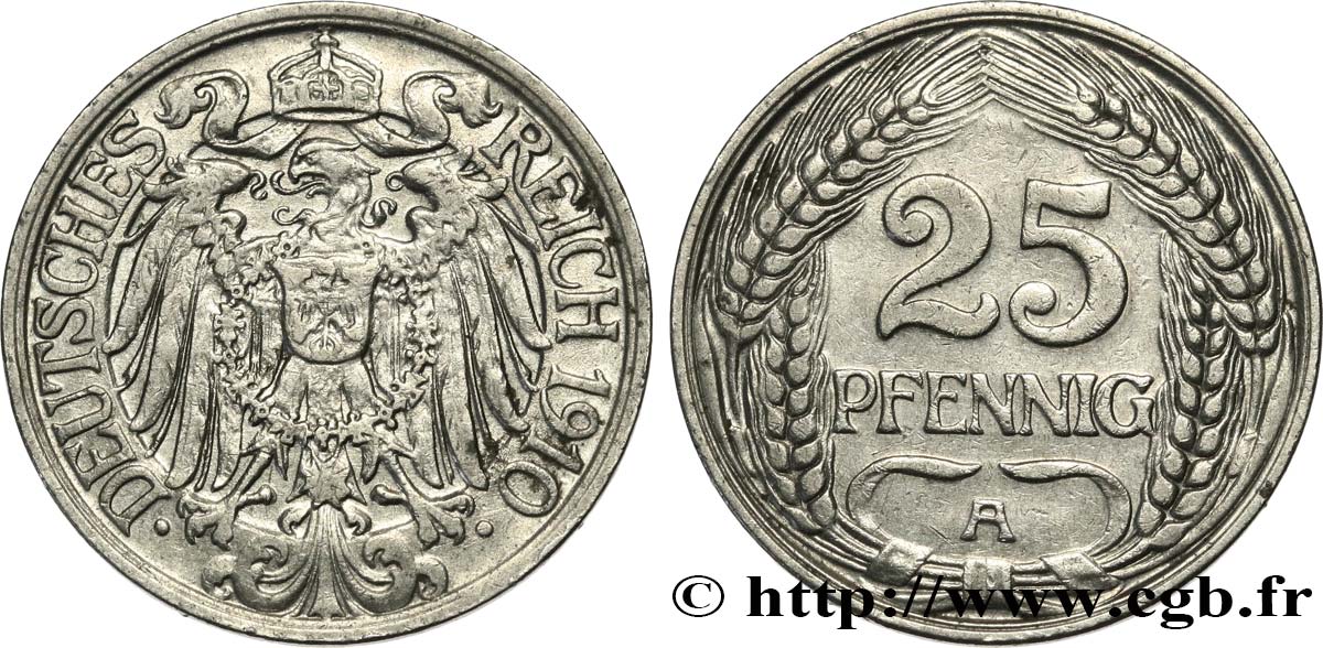 GERMANY 25 Pfennig Empire aigle impérial 1910 Berlin AU 