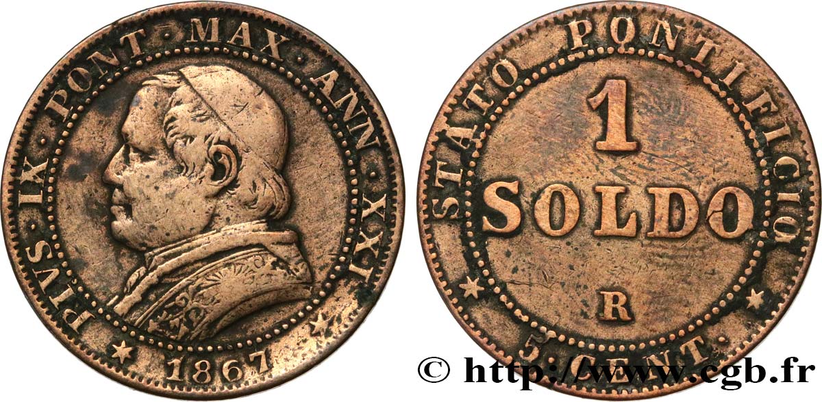 VATICAN AND PAPAL STATES 1 Soldo an XXI buste large 1867 Rome VF 
