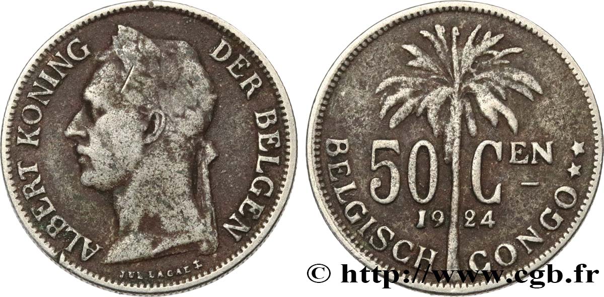 BELGISCH-KONGO 50 Centimes roi Albert légende flamande 1924  S 