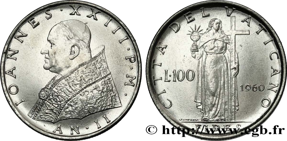 VATICANO E STATO PONTIFICIO 100 Lire Jean XXIII an II / Fides tenant la croix 1960 Rome SPL 