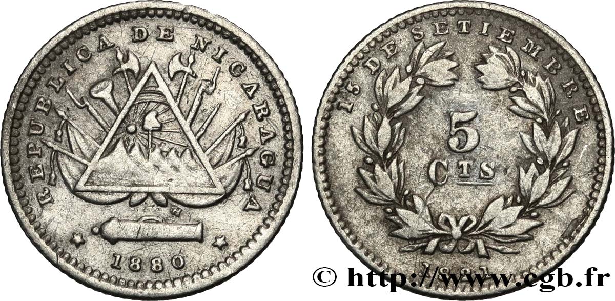 NICARAGUA 5 Centavos 1880 Heaton TTB 