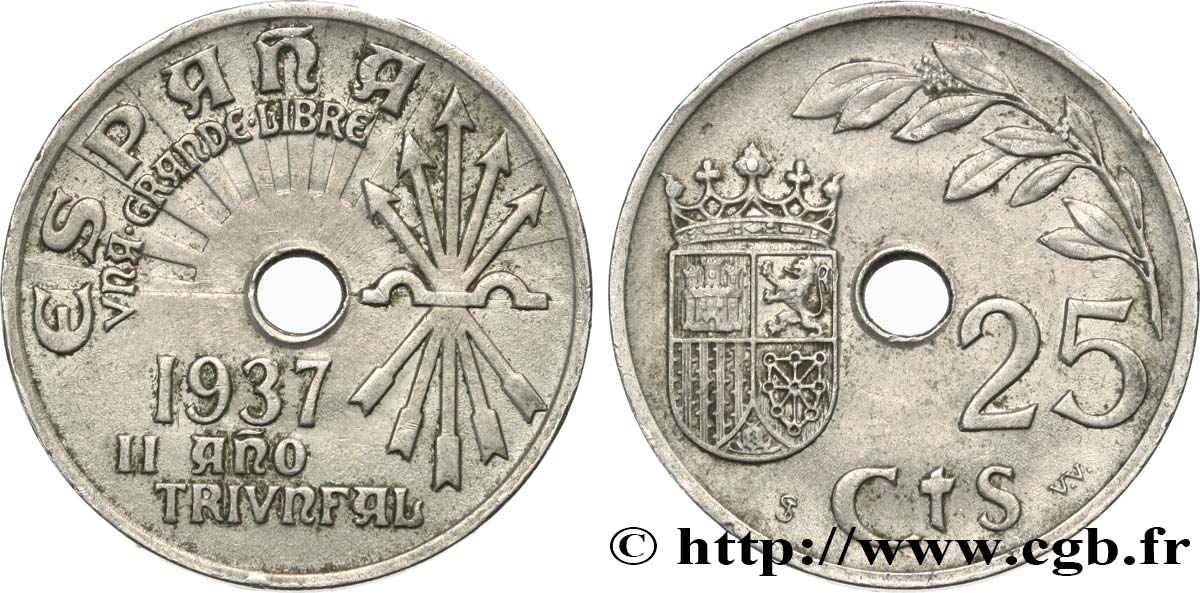 SPAIN 25 Centimos monnayage nationaliste 1937 Vienne AU 