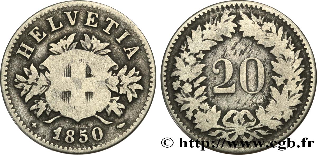 SVIZZERA  20 Centimes (Rappen) 1850 Strasbourg - BB q.BB 