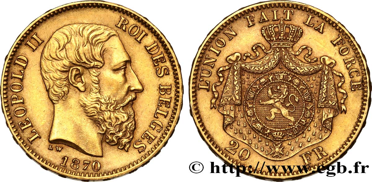 BELGIO 20 Francs Léopold II 1870 Bruxelles SPL 