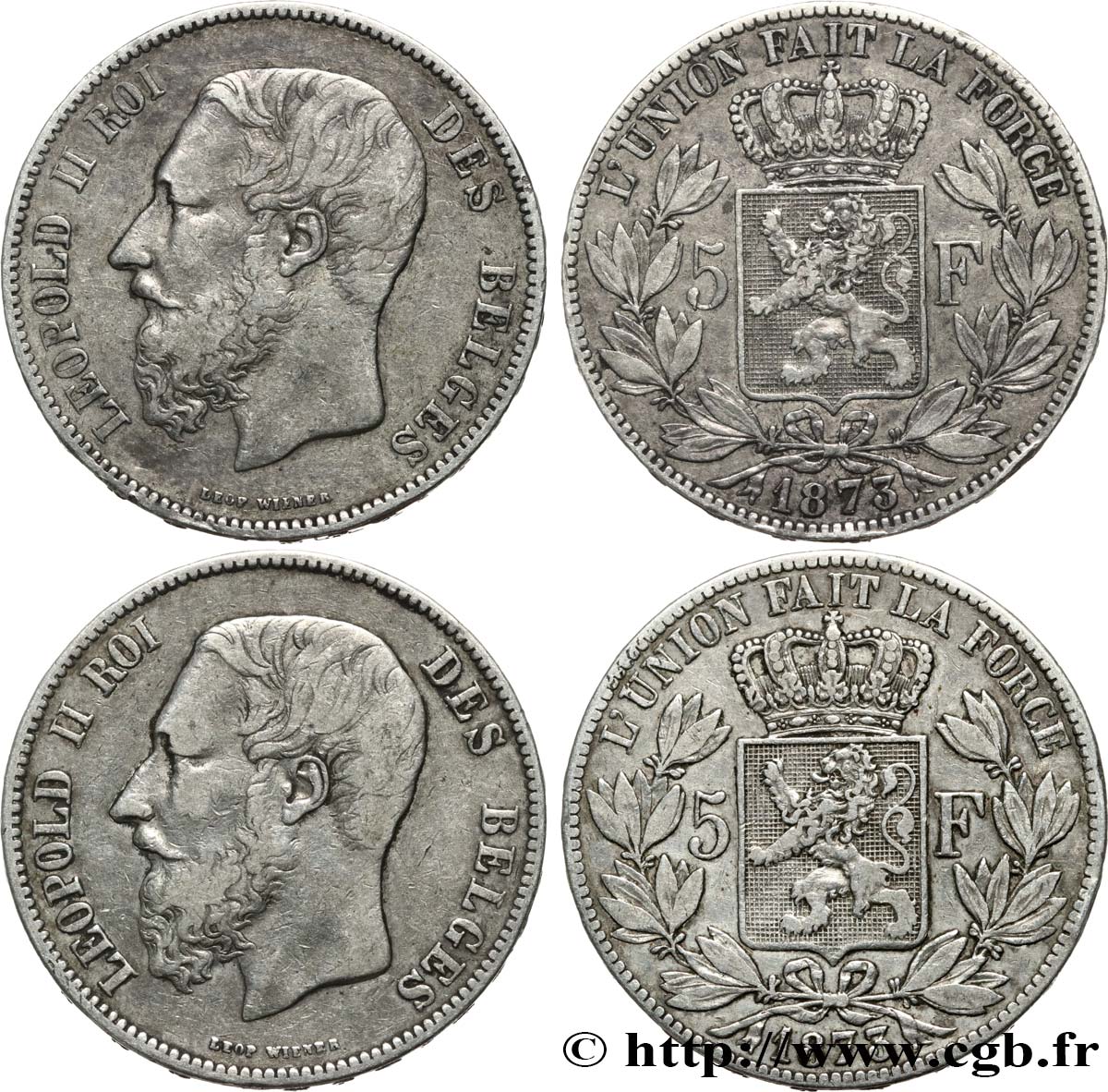BELGIEN Lot de deux pièces de 5 Francs Léopold II 1873  fSS 
