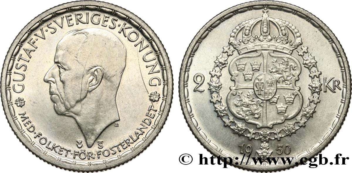 SWEDEN 2 Kronor Gustave V 1950  MS 
