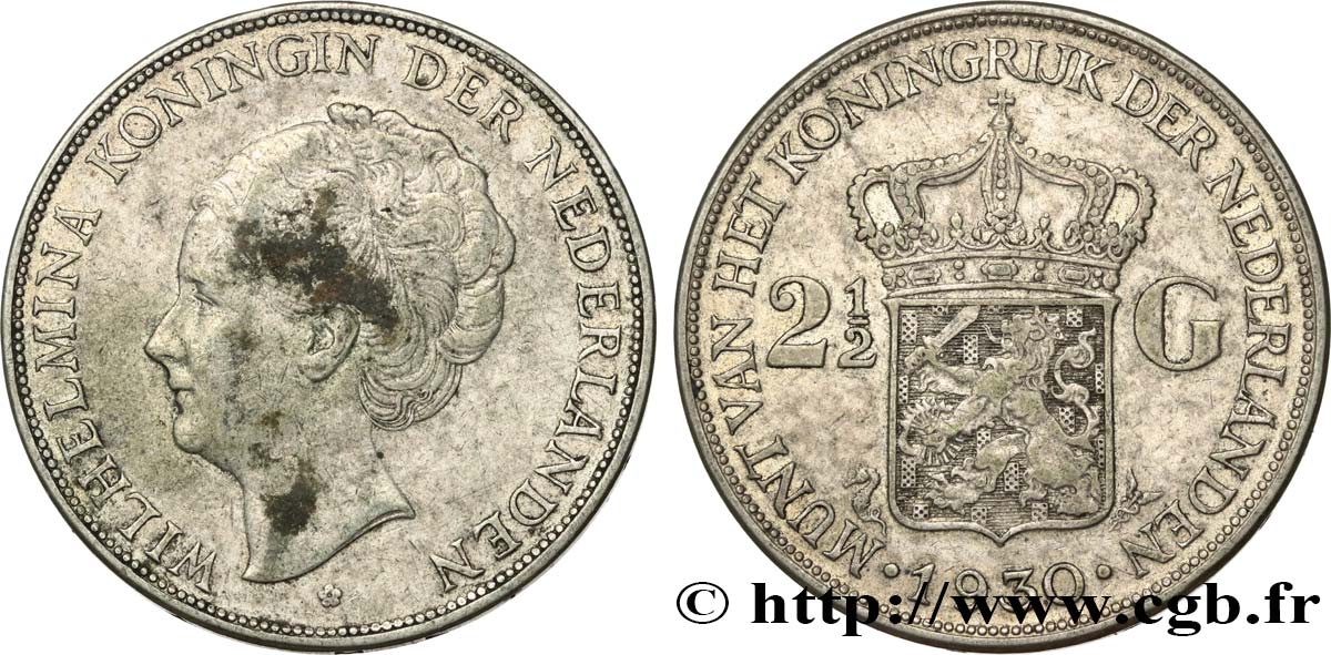 PAíSES BAJOS 2 1/2 Gulden Wilhelmina 1930  BC+ 