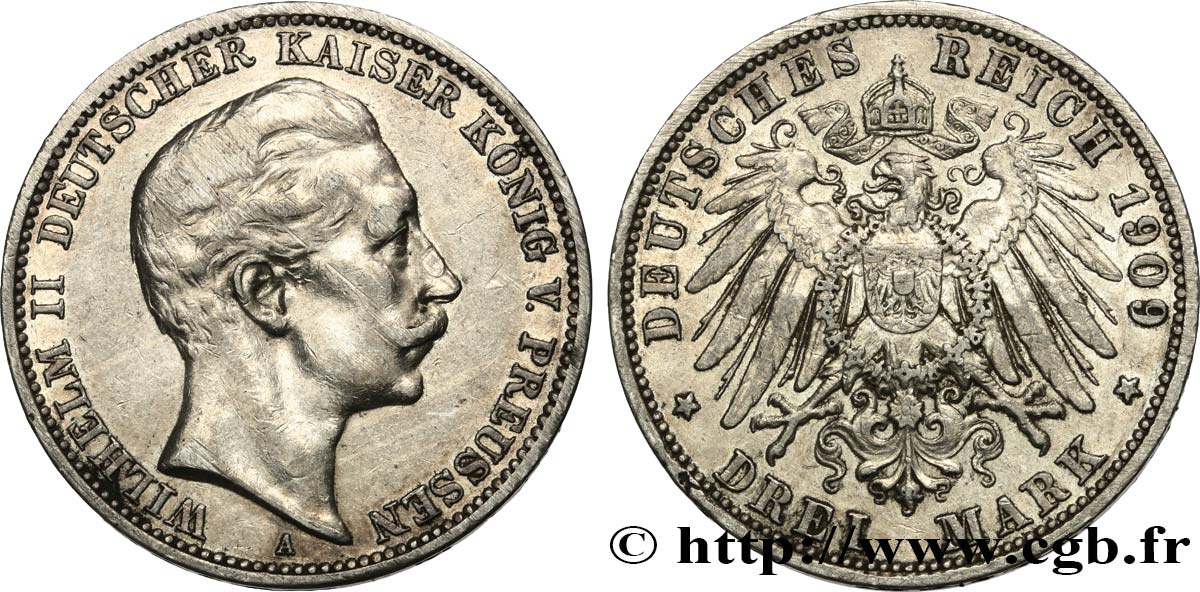ALLEMAGNE - PRUSSE 3 Mark Guillaume II 1909 Berlin TTB 