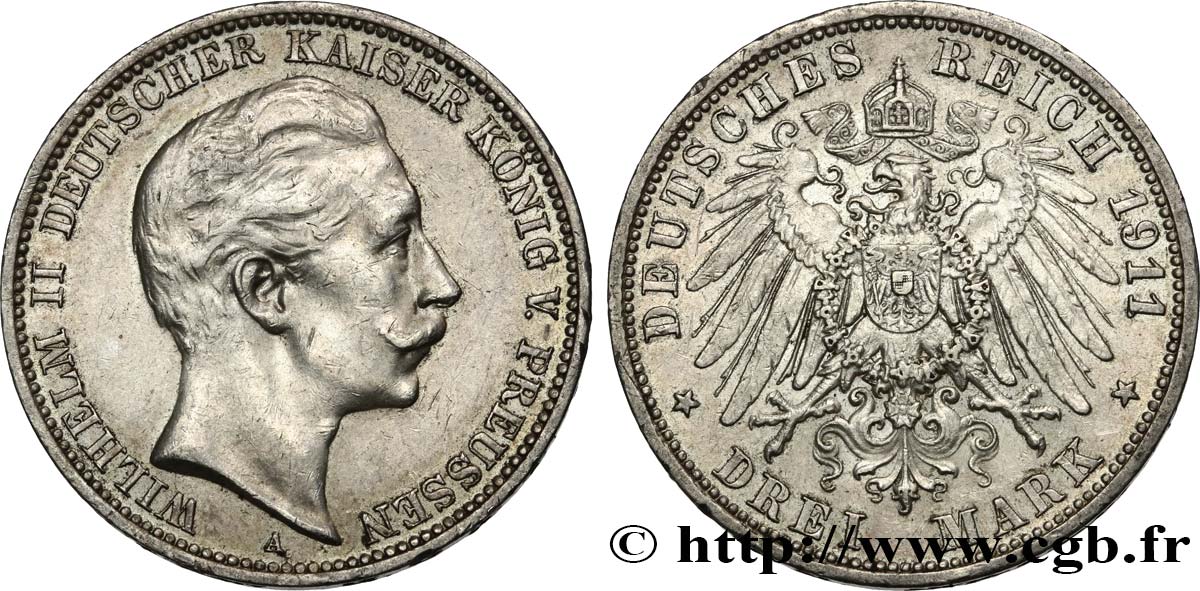ALEMANIA - PRUSIA 3 Mark Guillaume II  1911 Berlin EBC 