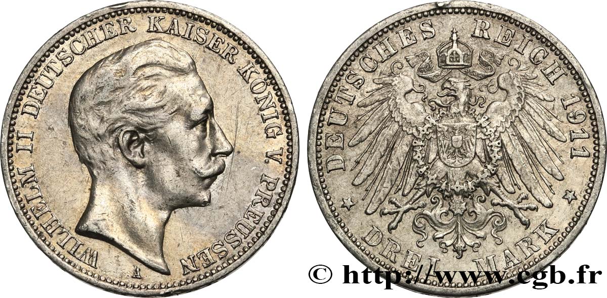 GERMANY - PRUSSIA 3 Mark Guillaume II  1911 Berlin AU 