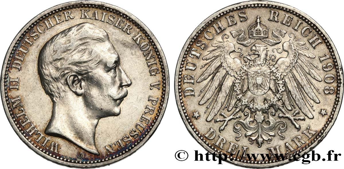 GERMANIA - PRUSSIA 3 Mark Guillaume II 1908 Berlin q.SPL 