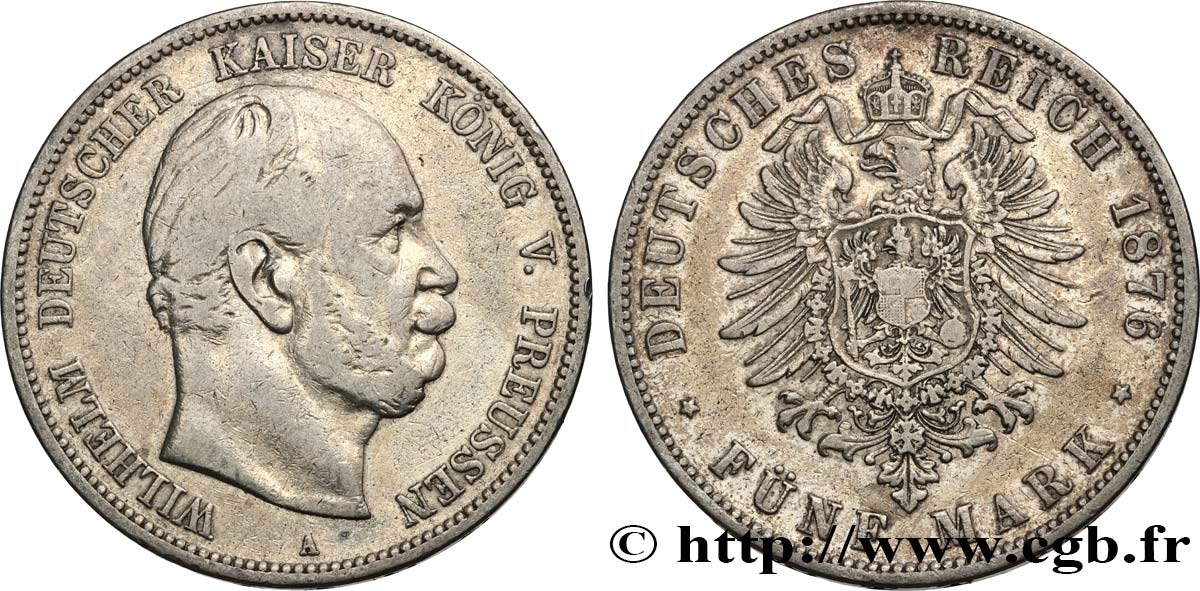 GERMANY - PRUSSIA 5 Mark Guillaume Ier 1876 Berlin VF 