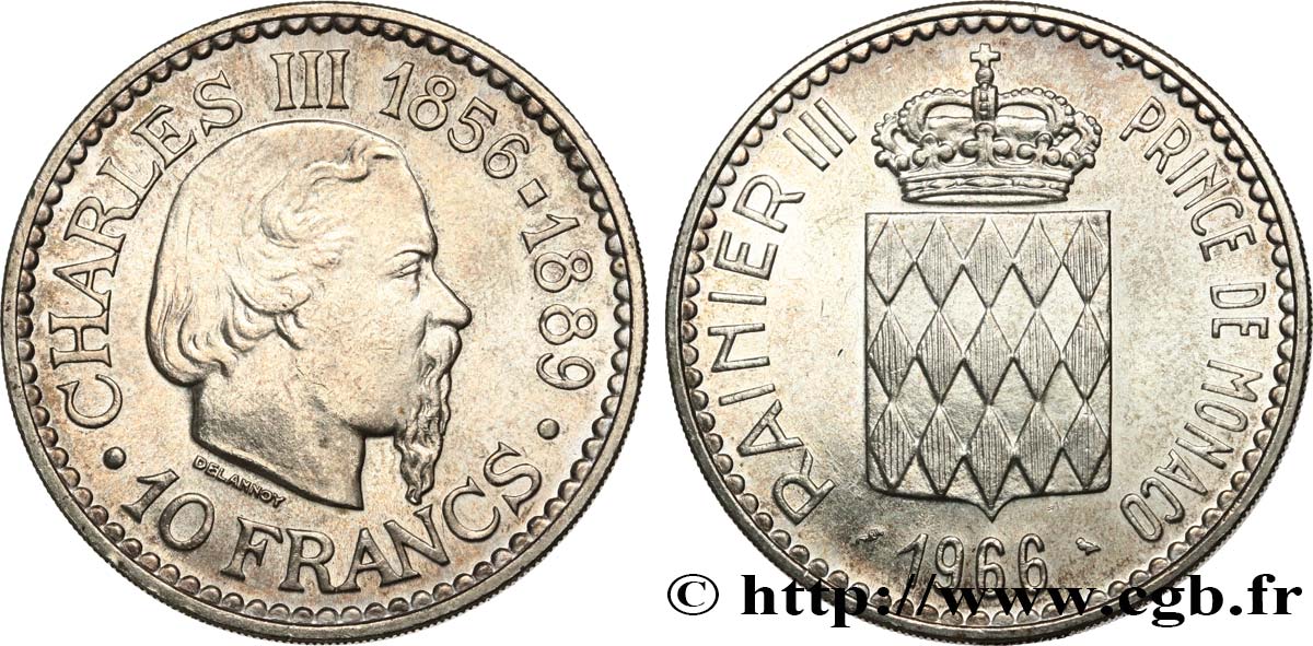 MONACO 10 Francs Charles III 1966 Paris SPL 