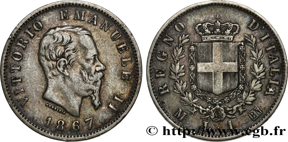 ITALIA 1 Lire Victor Emmanuel II 1867 Milan BC+ 