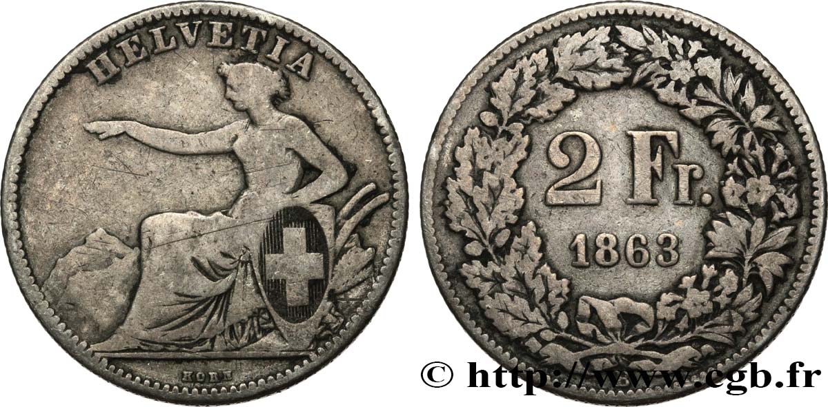 SUIZA 2 Francs Helvetia 1863 Berne RC+ 