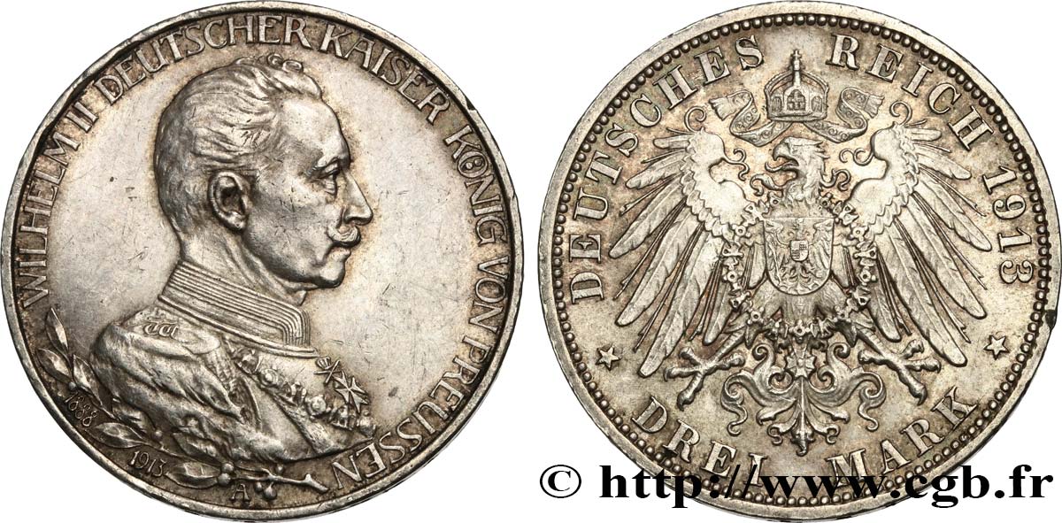 GERMANY - PRUSSIA 3 Mark 25e anniversaire de règne de Guillaume II 1913 Berlin AU/AU 