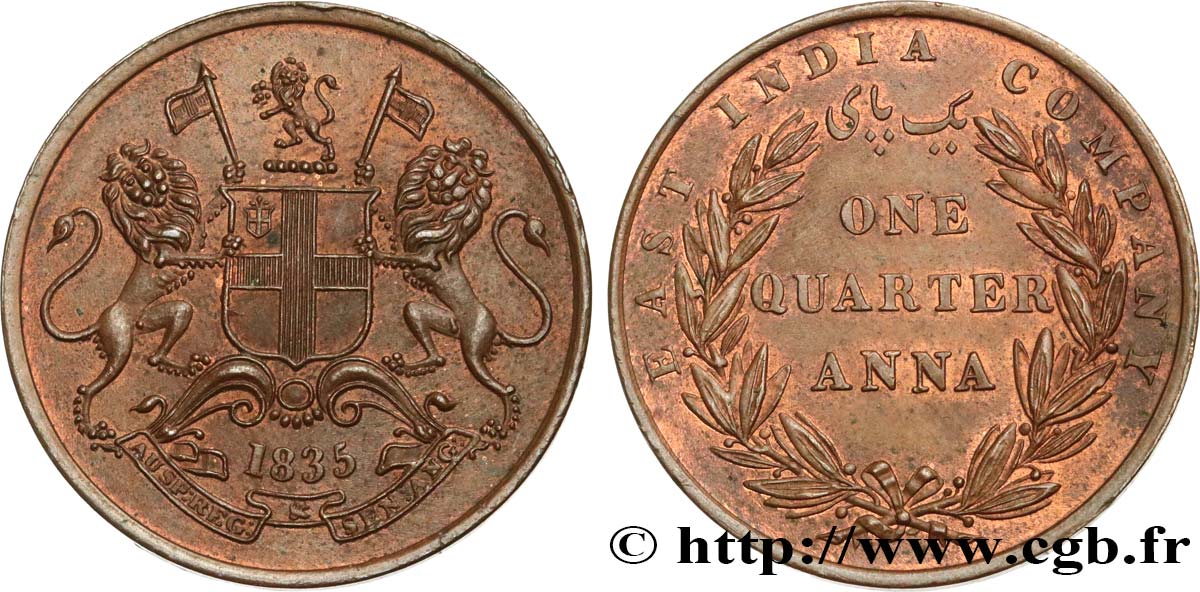 INDIA BRITANNICA 1/4 Anna East India Company 1835  SPL 