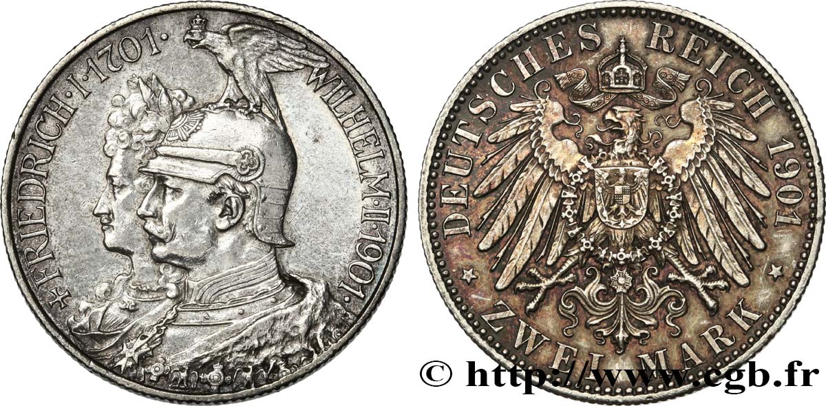 ALEMANIA - PRUSIA 2 Mark Guillaume II 200e anniversaire de la Prusse 1901 Berlin MBC+/EBC 