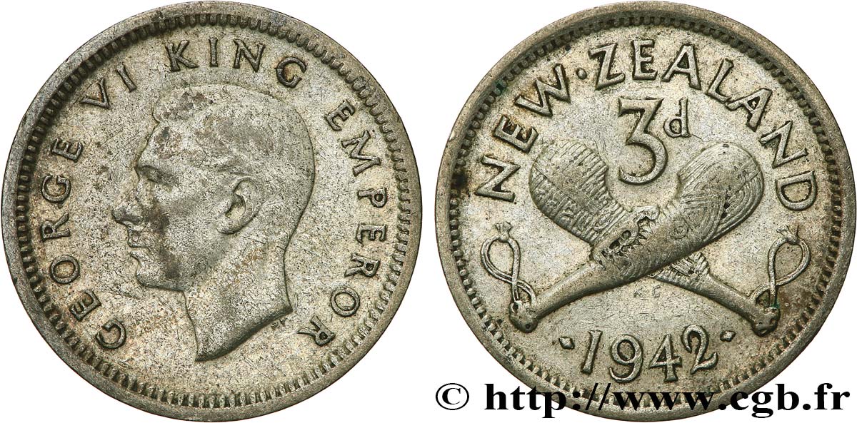 NUOVA ZELANDA 3 Pence Georges VI / patus maoris croisés 1942  q.BB 
