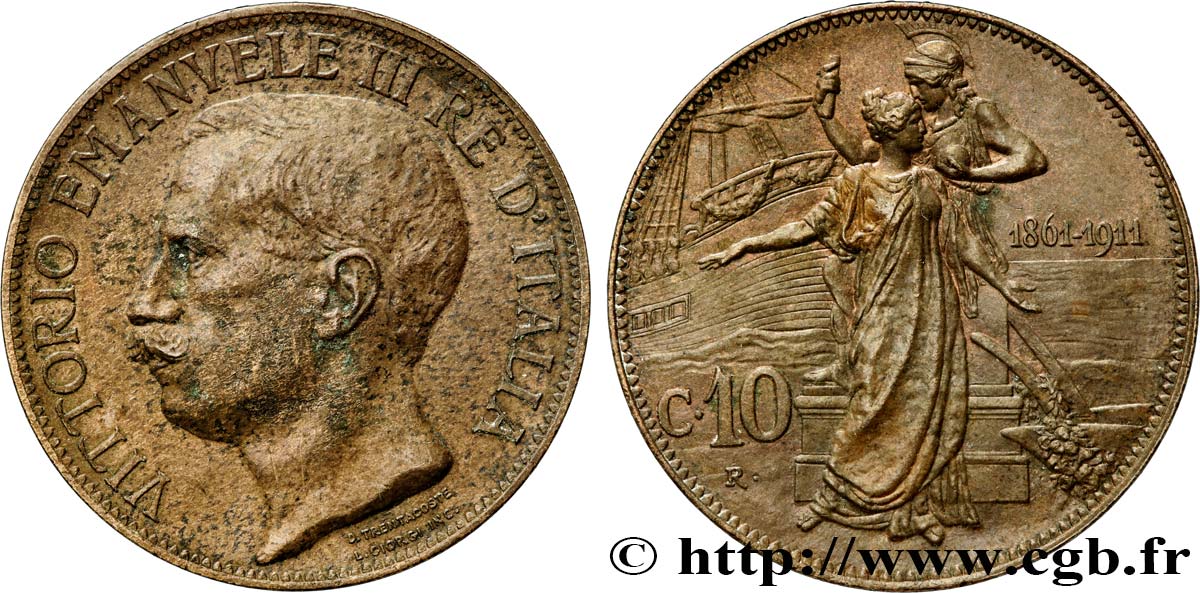 ITALIE 10 Centesimi Victor Emmanuel III - 50e anniversaire de l’Unité Italienne 1911 Rome TTB+ 