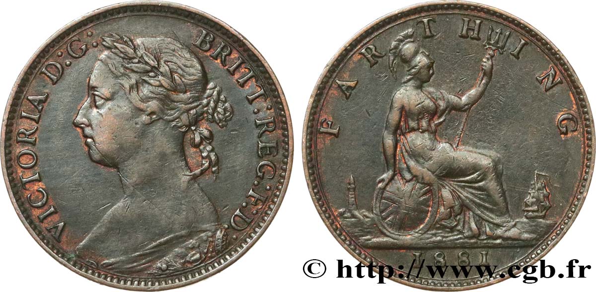 ROYAUME-UNI 1 Farthing Victoria “Bun Head” 1881  TTB 