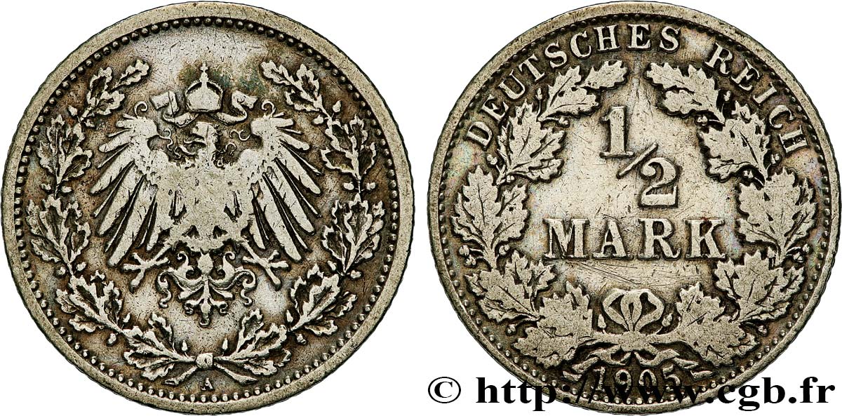 ALLEMAGNE 1/2 Mark Empire aigle impérial 1905 Berlin TB+ 