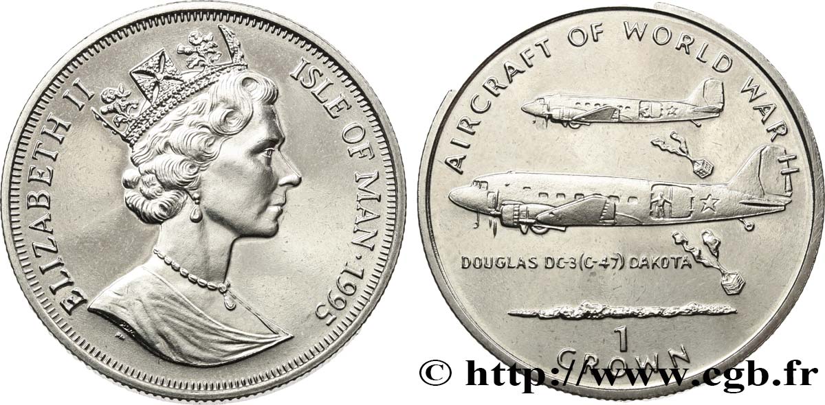 ÎLE DE MAN 1 Crown Proof Avions de la Seconde Guerre Mondiale : DC-3 Dakota 1995 Pobjoy Mint SPL 