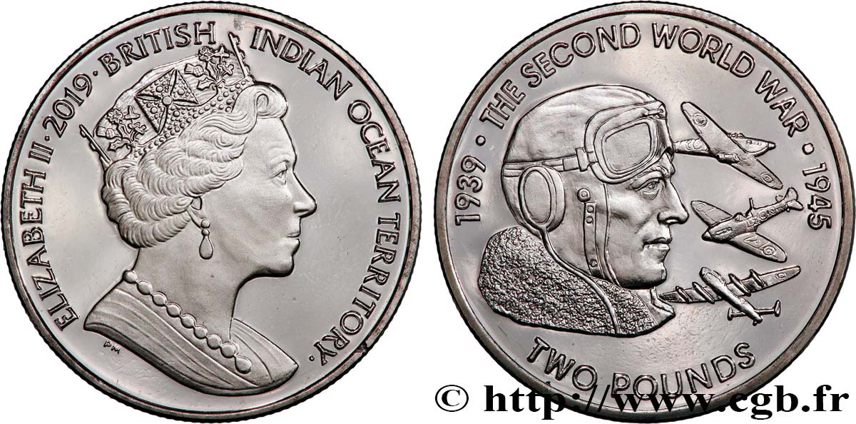 BRITISH INDIAN OCEAN TERRITORY 2 Pounds Proof Élisabeth II - 80e anniversaire de la Seconde Guerre Mondiale : aviateur 2019 Pobjoy Mint MS 