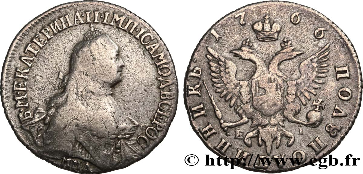 RUSIA - CATALINA II Polupoltinnik (1/4 Rouble) 1766 Moscou BC+ 