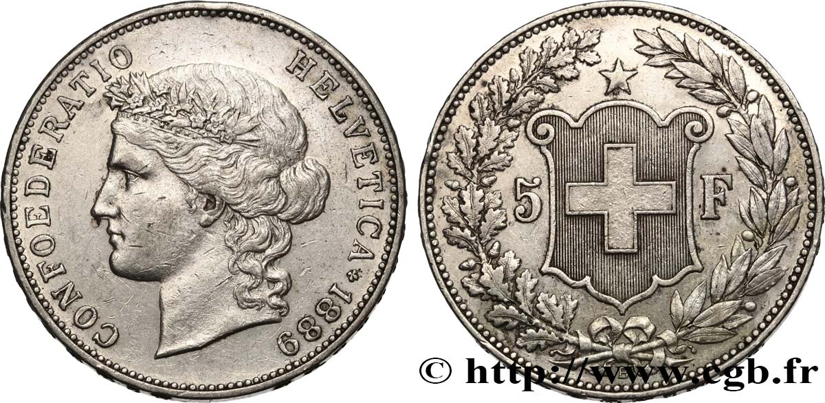 SUISSE 5 Francs Helvetia 1889 Berne TTB 