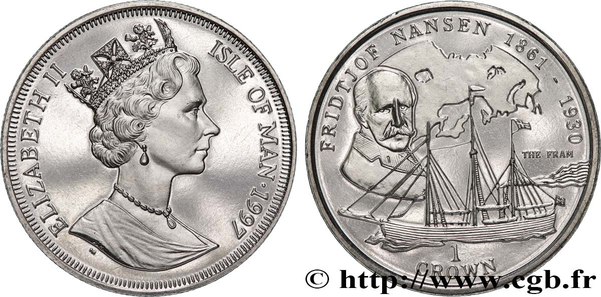 ÎLE DE MAN 1 Crown Proof Séries Grands Navigateurs : Fridtjof Nansen 1997 Pobjoy Mint SPL 