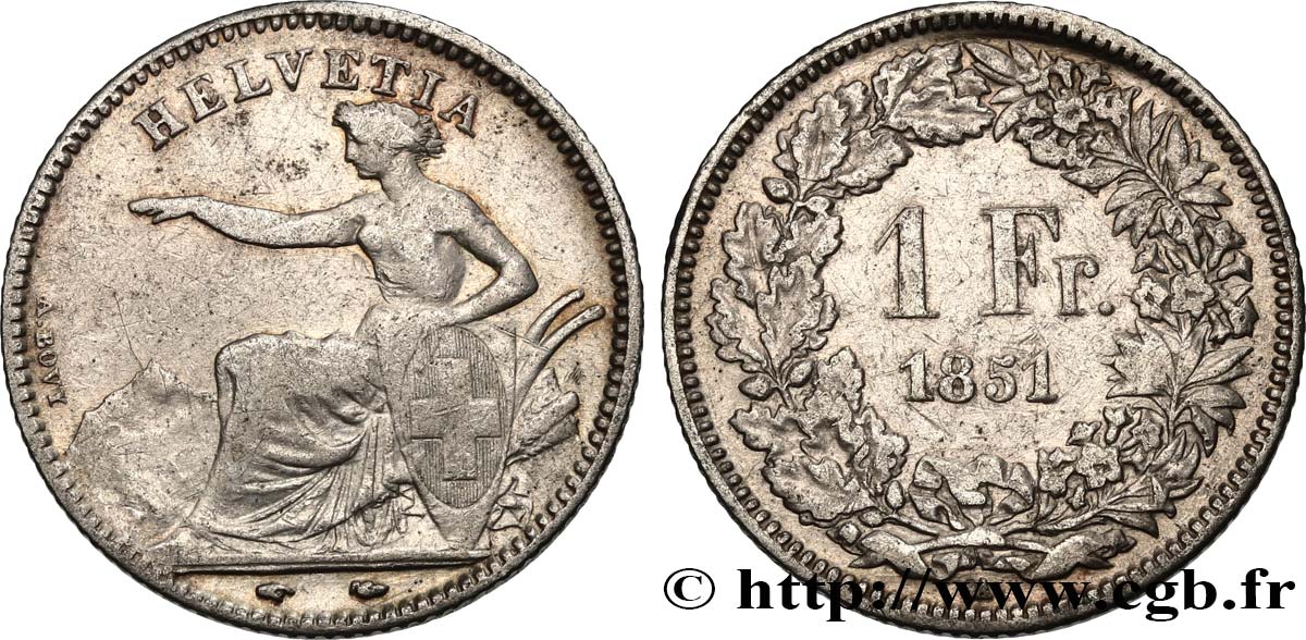 SUISSE 1 Franc Helvetia assise 1851 Paris TB+ 