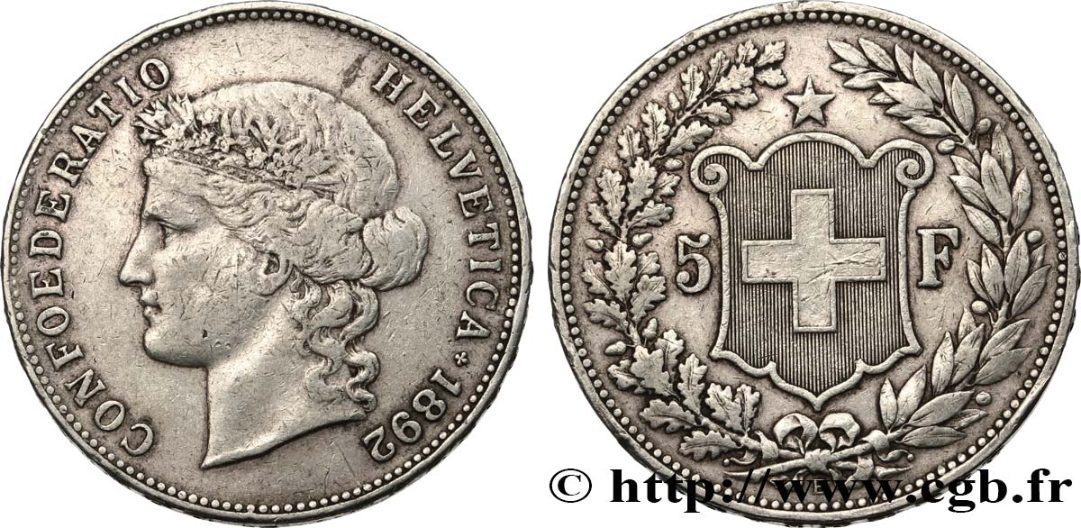 SWITZERLAND 5 Francs Helvetia 1892 Berne XF 
