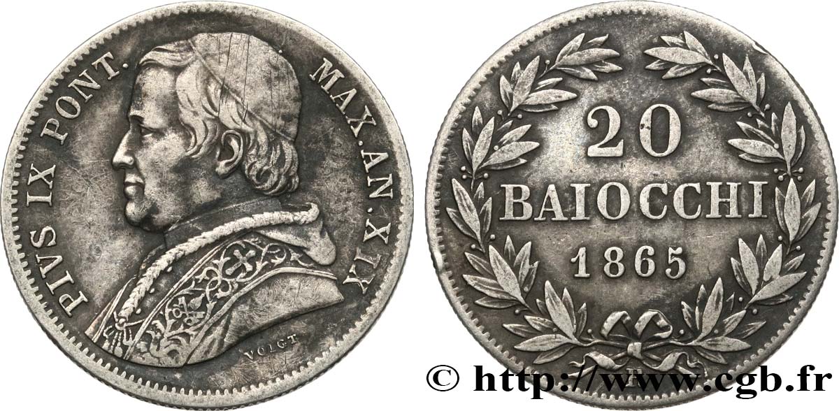 VATICAN AND PAPAL STATES 20 Baiocchi Pie IX an XIX 1865 Rome VF 