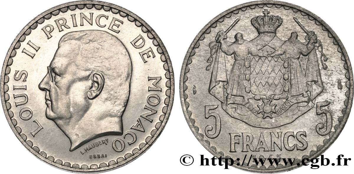 MONACO - PRINCIPALITY OF MONACO - LOUIS II Essai de 5 Francs 1945 Paris MS 