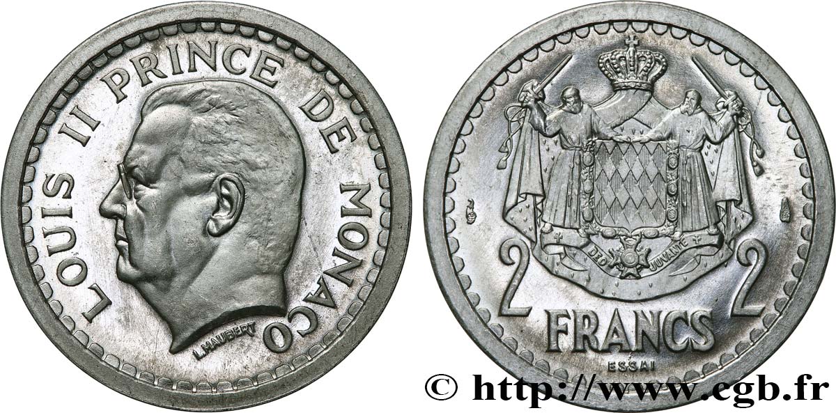 MONACO - PRINCIPALITY OF MONACO - LOUIS II Essai de 2 Francs aluminium n.d. Paris MS 