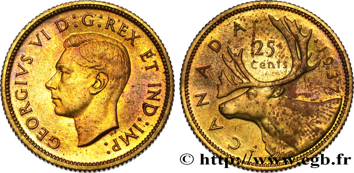 CANADA - GEORGE VI Essai de frappe 25 Cents Laiton 1937 - MS 