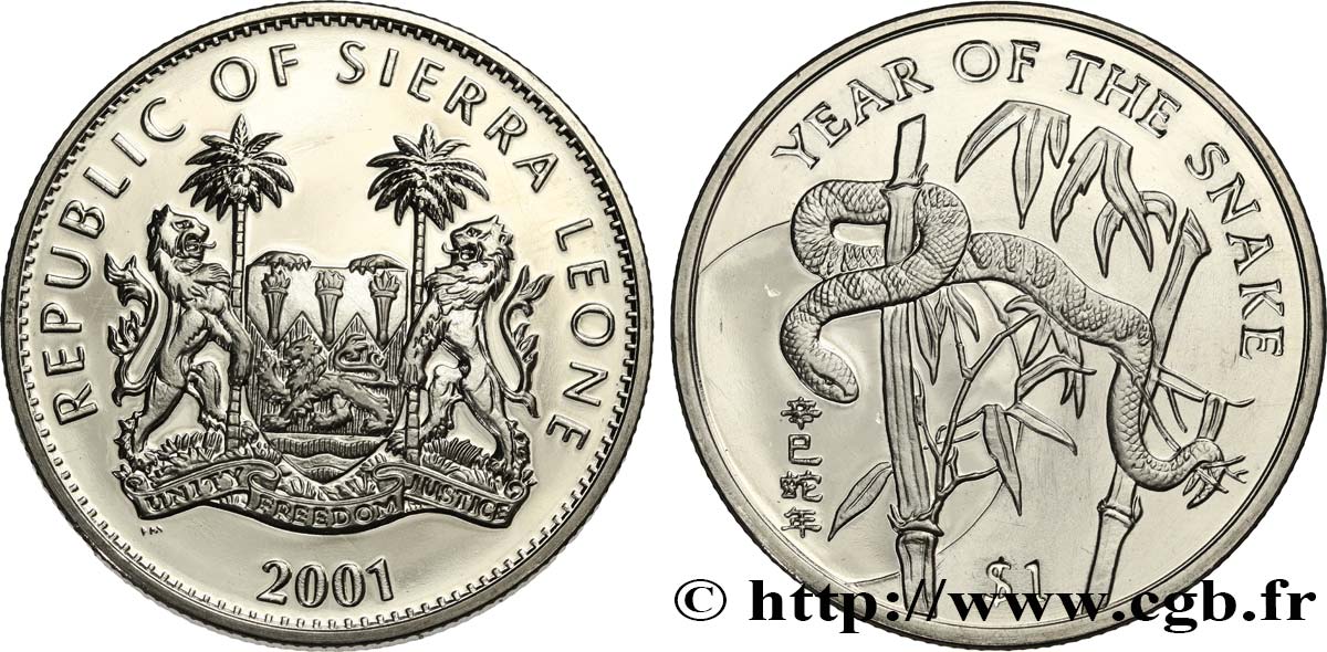 SIERRA LEONE 1 Dollar Proof année du serpent 2001 Pobjoy Mint MS 