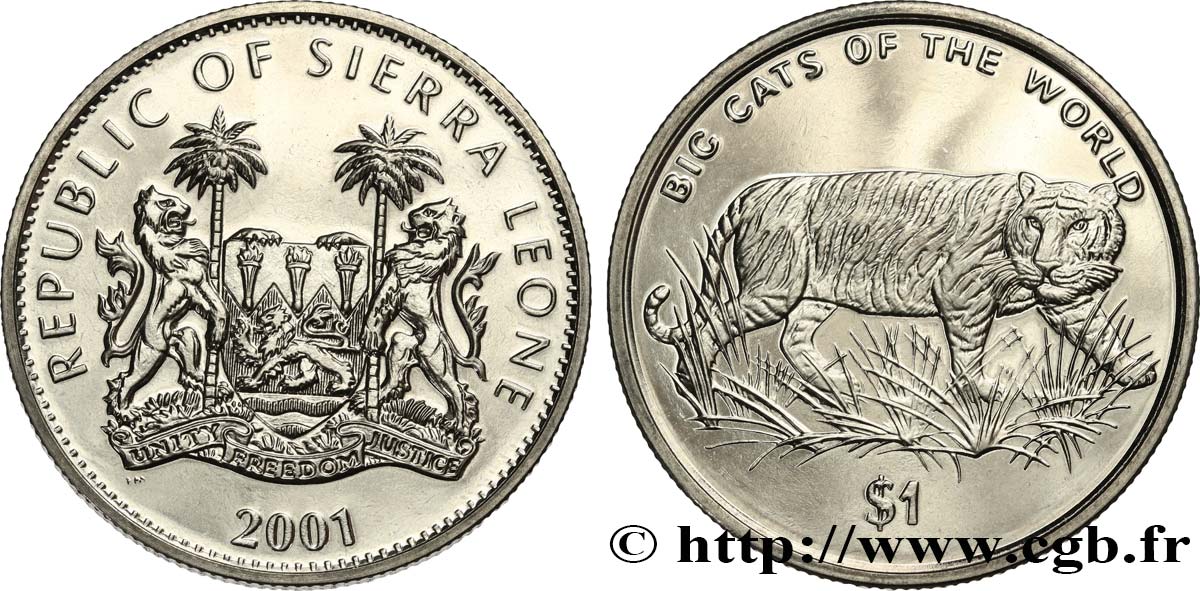 SIERRA LEONE 1 Dollar Proof tigre 2001 Pobjoy MInt MS 