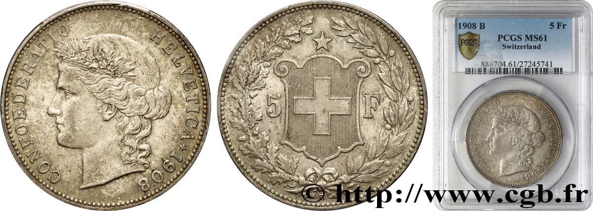 SVIZZERA  5 Francs Helvetia 1908 Berne SPL61 PCGS