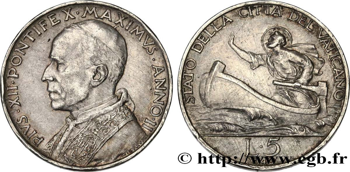 VATICAN AND PAPAL STATES 5 Lire Pie XII an II 1940 Rome AU 