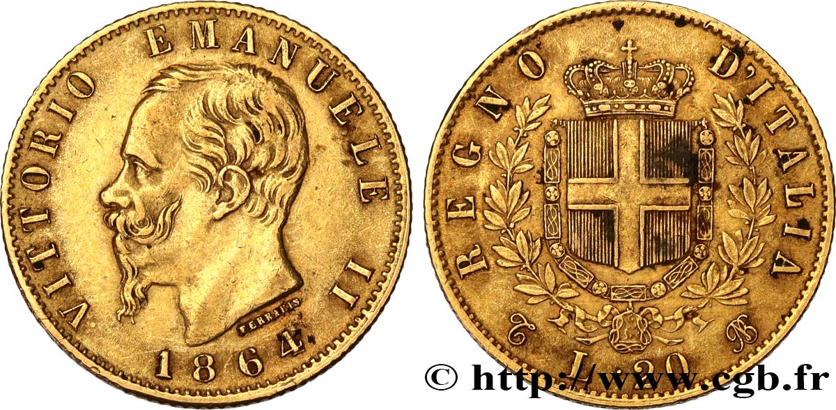 INVESTMENT GOLD 20 Lire Victor Emmanuel II  1864 Turin AU 