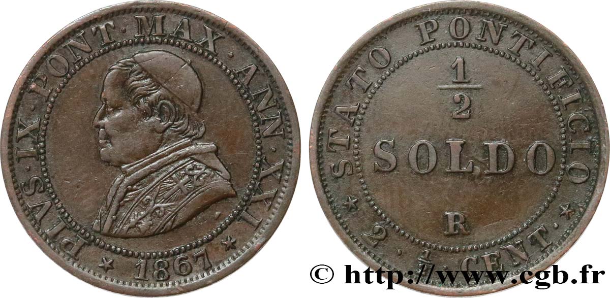 VATICANO Y ESTADOS PONTIFICIOS 1/2 Soldo (2 1/2 centesimi) Pie IX an XXI 1867 Rome MBC+ 