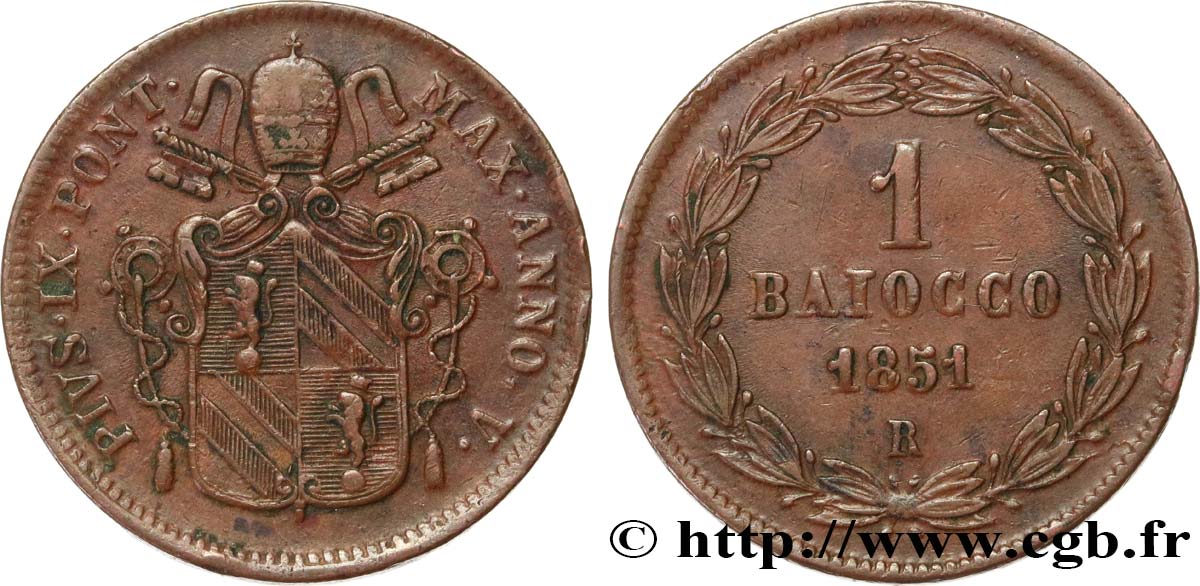 VATICAN AND PAPAL STATES 1 Baiocco Pie IX an V 1851 Rome XF 