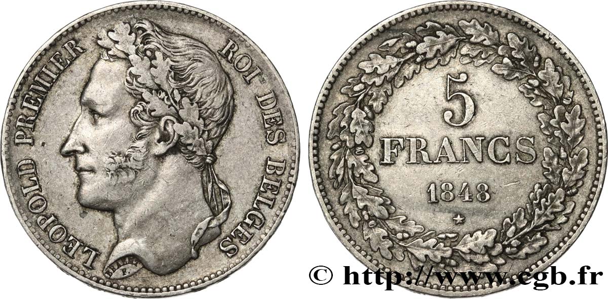 BÉLGICA 5 Francs Léopold Ier tête laurée 1848  MBC 